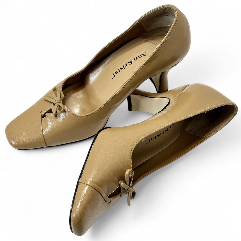 Ann Kristal Leather Pumps 5.5M Camel Tan Bow Square Toe Block Heel Y2K Eulalia